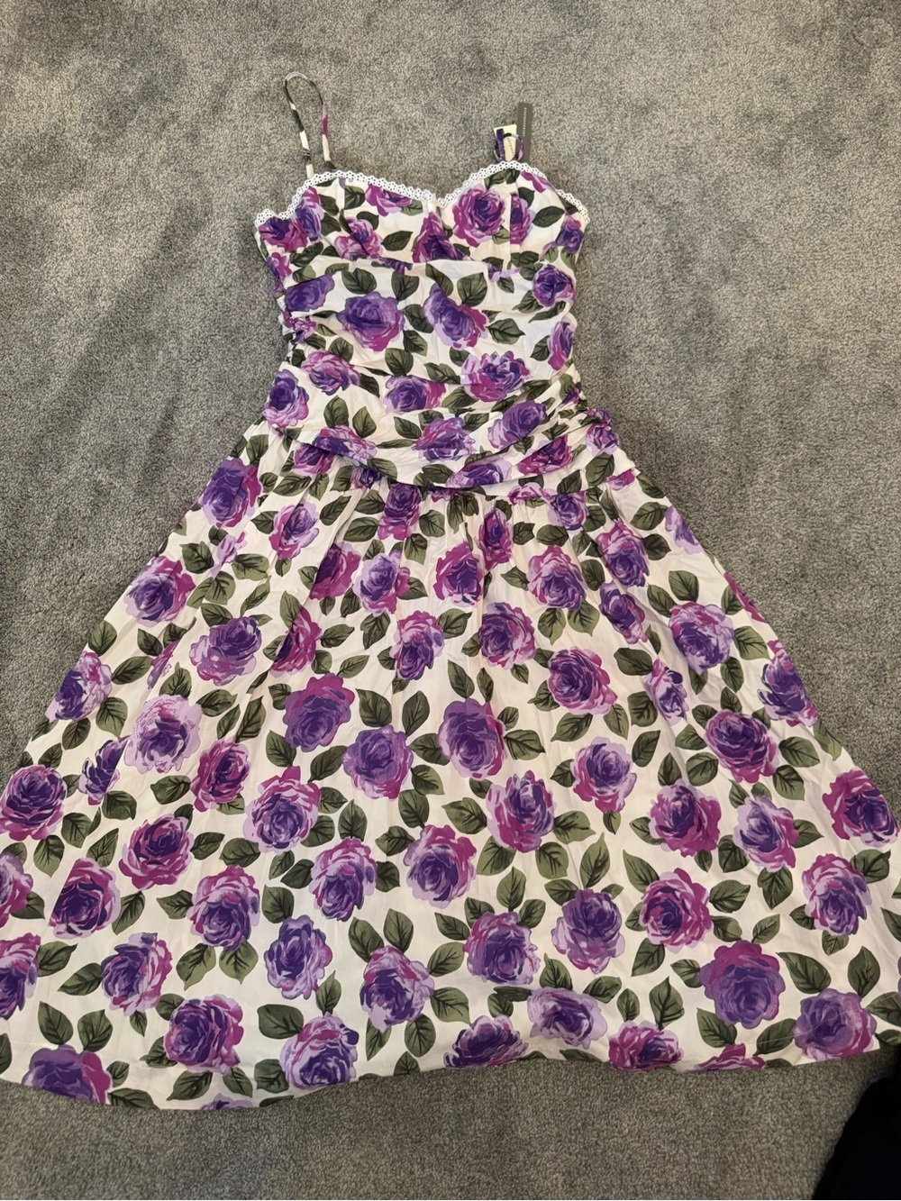 Anthropologie White Dress with Purple Rose Print